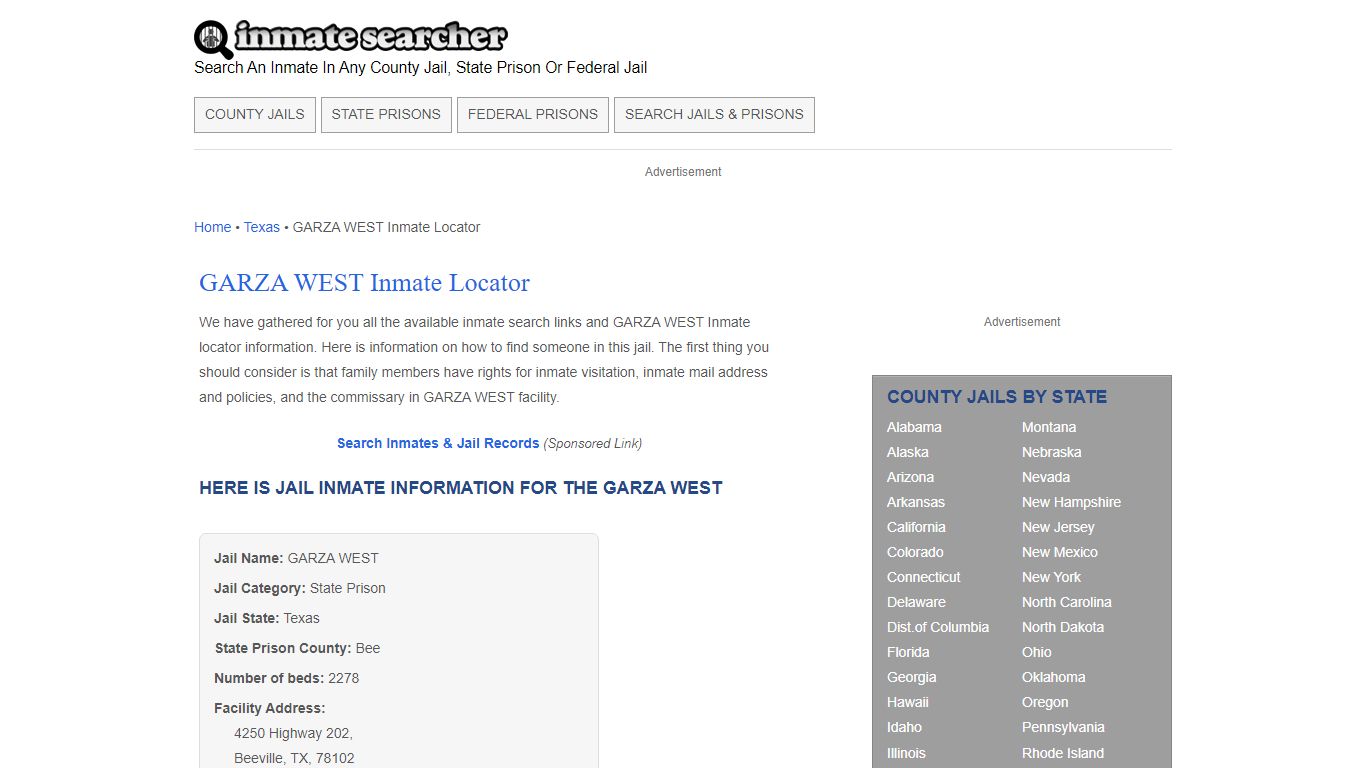 GARZA WEST Inmate Locator - Inmate Searcher